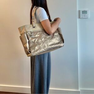 Chanel Metallic Beige Gold Quilted Grand Shopping Tote silver metal